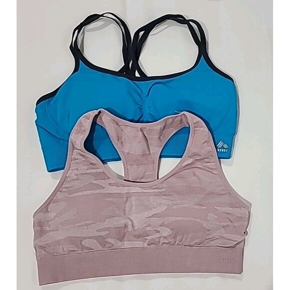 Lot 2 Reebok Strappy Mesh Stretch Sports Bras Teal Gray & Pink Mauve Camo Size L - Picture 1 of 10